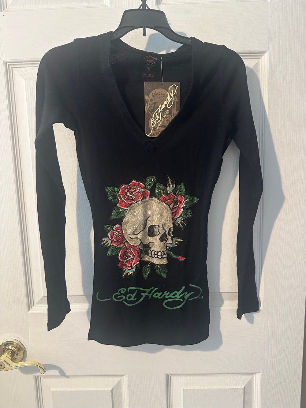 ED HARDY Black Rhinestone SKULL ROSE Long Sleeve T-Shirt Tunic SM NEW w/Tags NWT